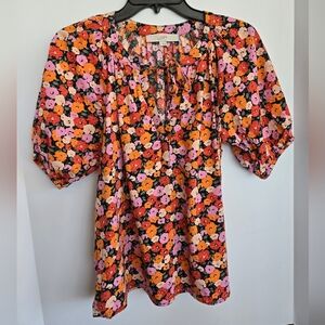 LOFT Floral Smocked Blouse, Size Small, Pink And Orange